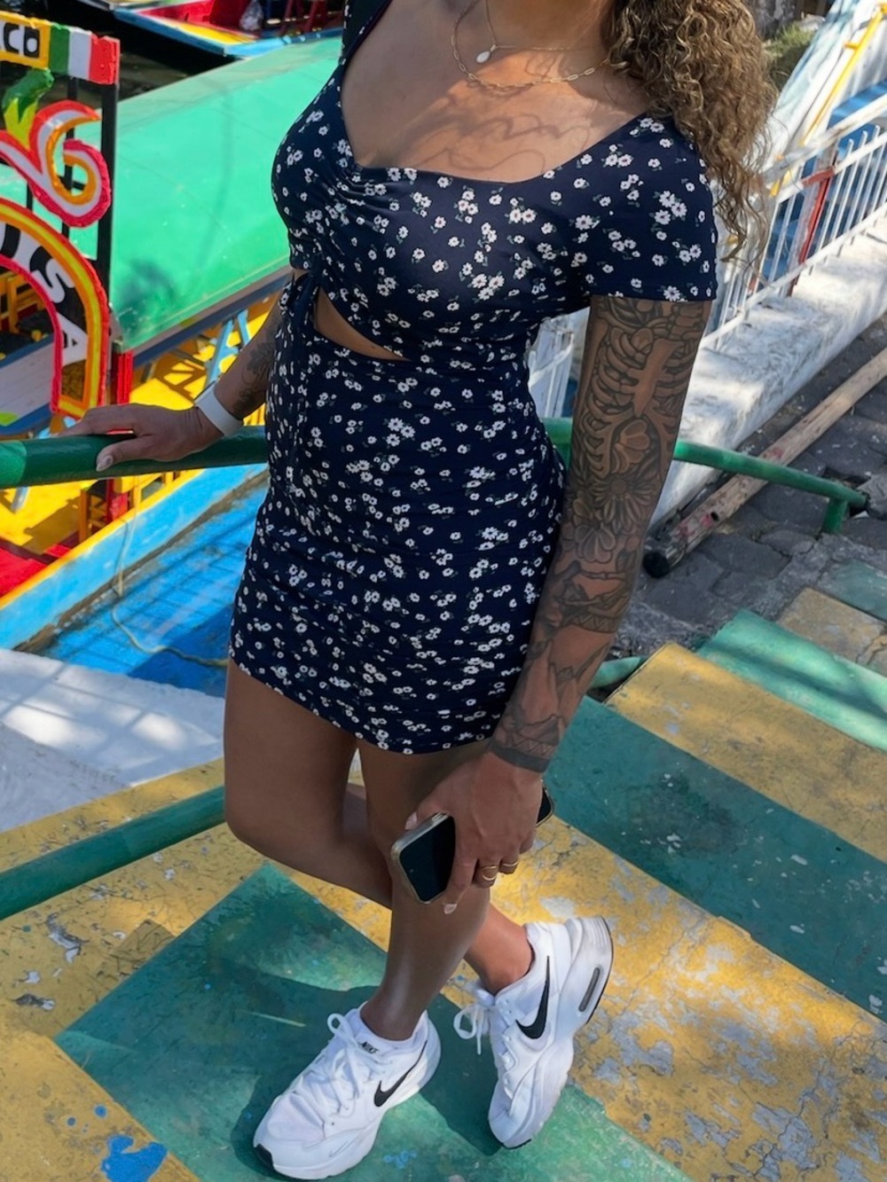 Navy Floral Ruched Mini Dress